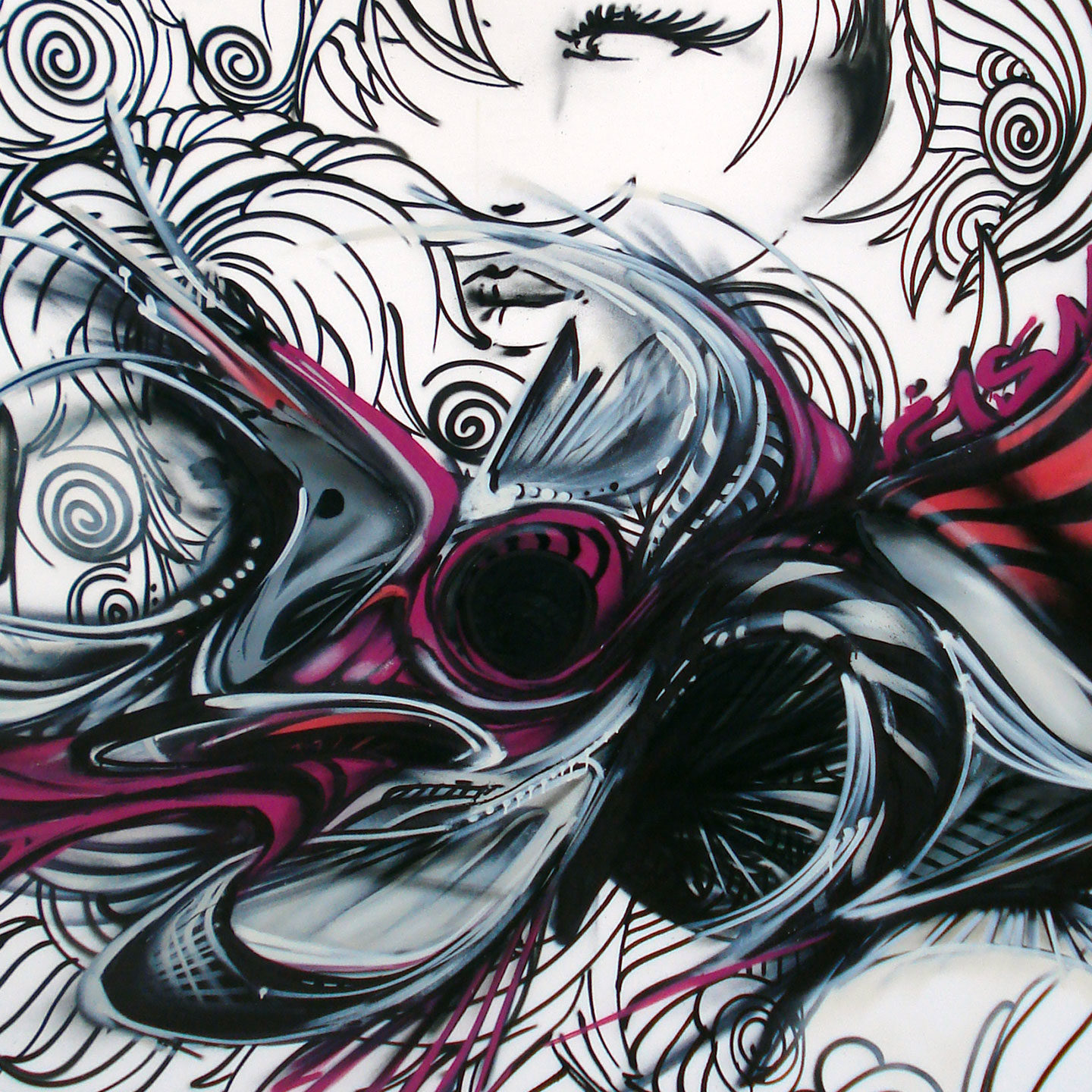 jasm_street_sion_nuit_des_musee_1440x1920px colors spray art graffiti street urban peinture toile spray artiste jasm1 jasm one issam rezgui musée toile nuit des musée performance sion maorie valais châteaux suisse visage illustration rose visage noir blanc