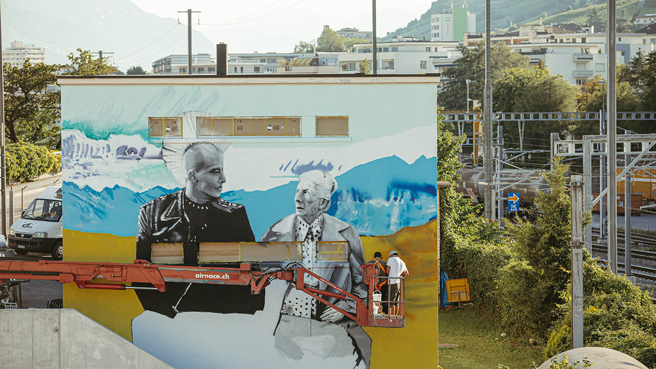 Fresque murale en cours, Sierre, Art Valais Open Air Museum, Valais - Jasm One