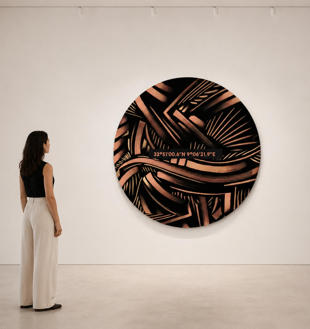 Lines of Soul, Black Hole, Jasm One, toile ronde, vue en galerie, coordonnées GPS Sahara