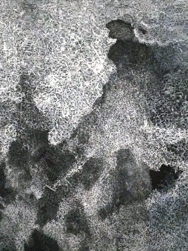 The Line, Jasm One, détail œuvre, encre sur toile, ligne répétée