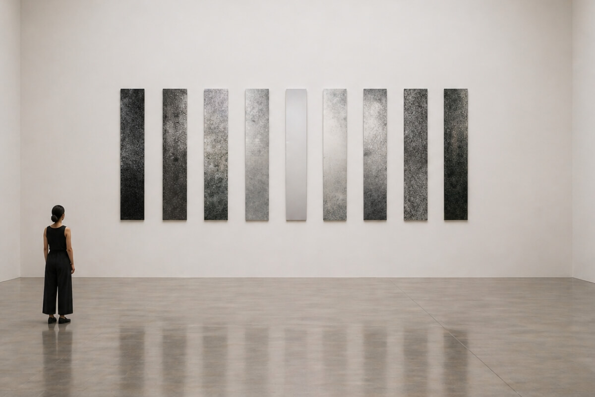 The Line, Gradient, Jasm One, 600 x 200 cm, encre sur verre acrylique, vue en galerie