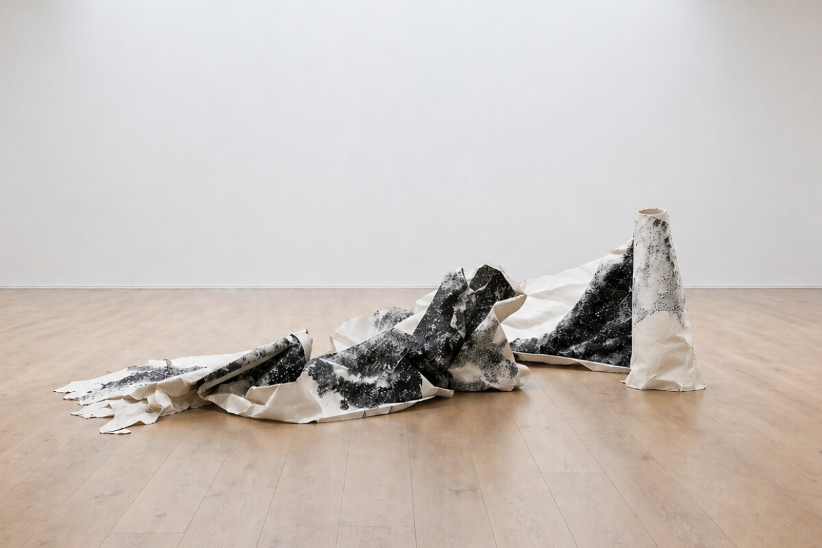 The Line, Jasm One, installation, encre sur papier, vue en galerie