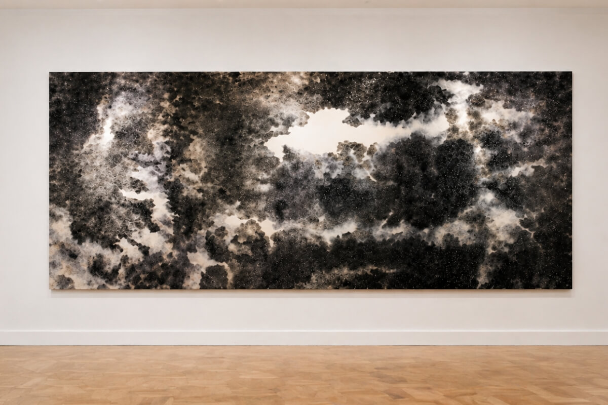 The Line, triptyque, Jasm One, 450 x 200 cm, encre sur verre acrylique, vue en galerie